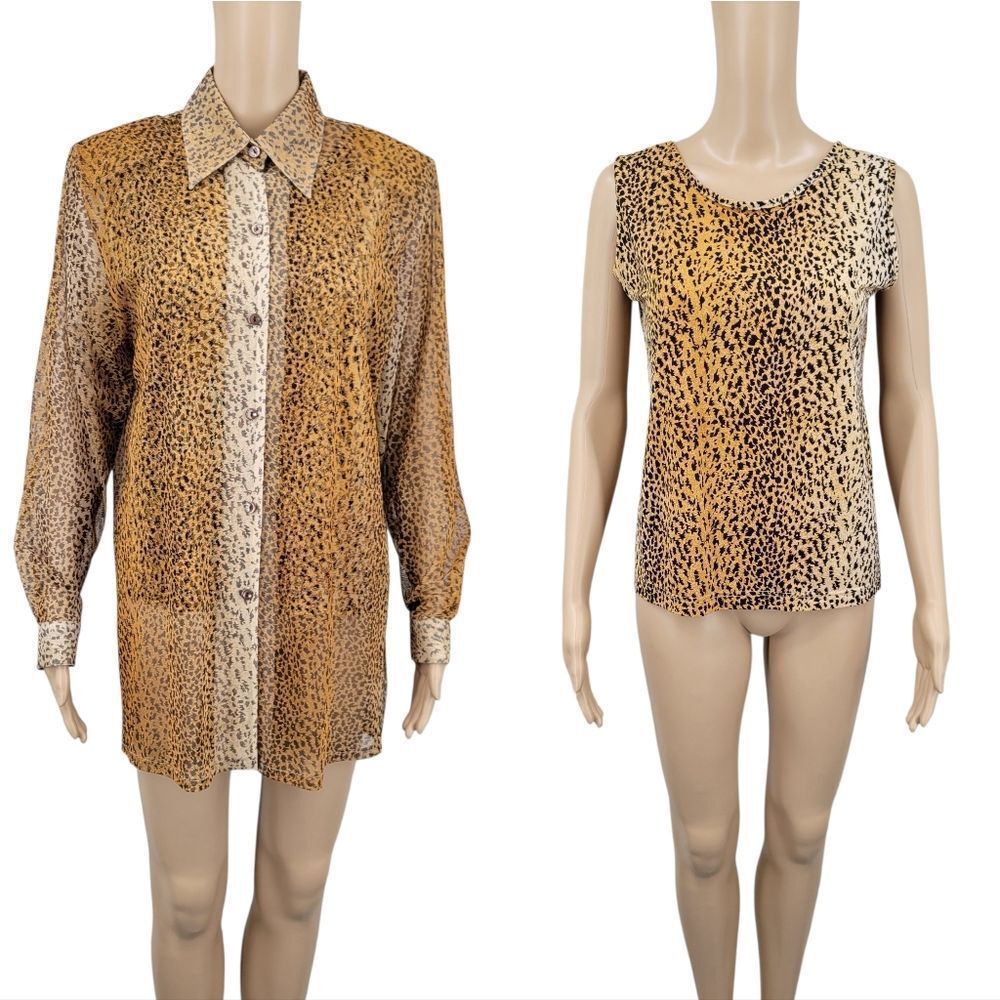Vintage Leopard Print Sheer Mrsh Button Up Blouse and Tank Top Set